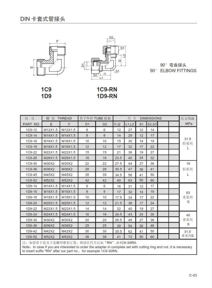 1C9/1D9-RN Elbow Union Tube Fittings DIN 2352