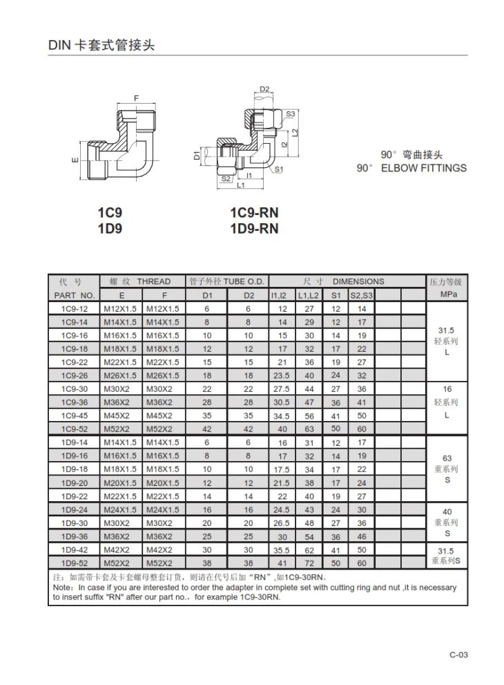 1C9 / 1D9-RN kelengkapan tiub kesatuan siku DIN 2352